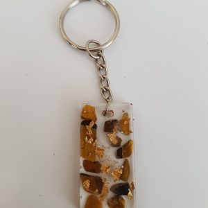 Porte clef orgonite oeil de tigre cristal de roche et feuille d'or