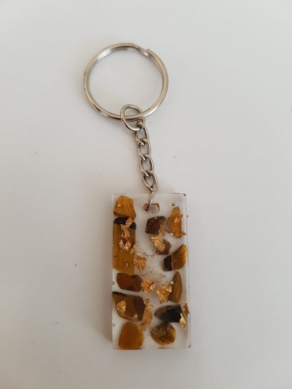 Porte clef orgonite oeil de tigre cristal de roche et feuille d'or